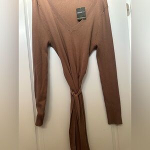 XL Brown V-Neck Tie-Front Sweater
